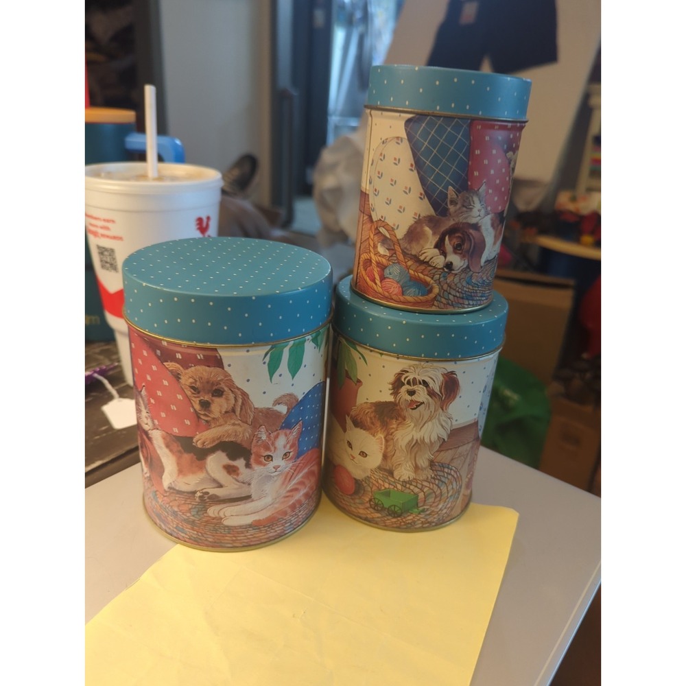 Vintage JSNY Best Friends Dogs and Cats Nesting Canister Set 3 Piece Cottage